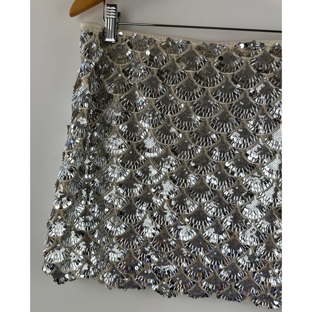 Sans Souci Silver Scalloped Sequin Mini Skirt Womens Large Art Deco Fan Party - Picture 7 of 11